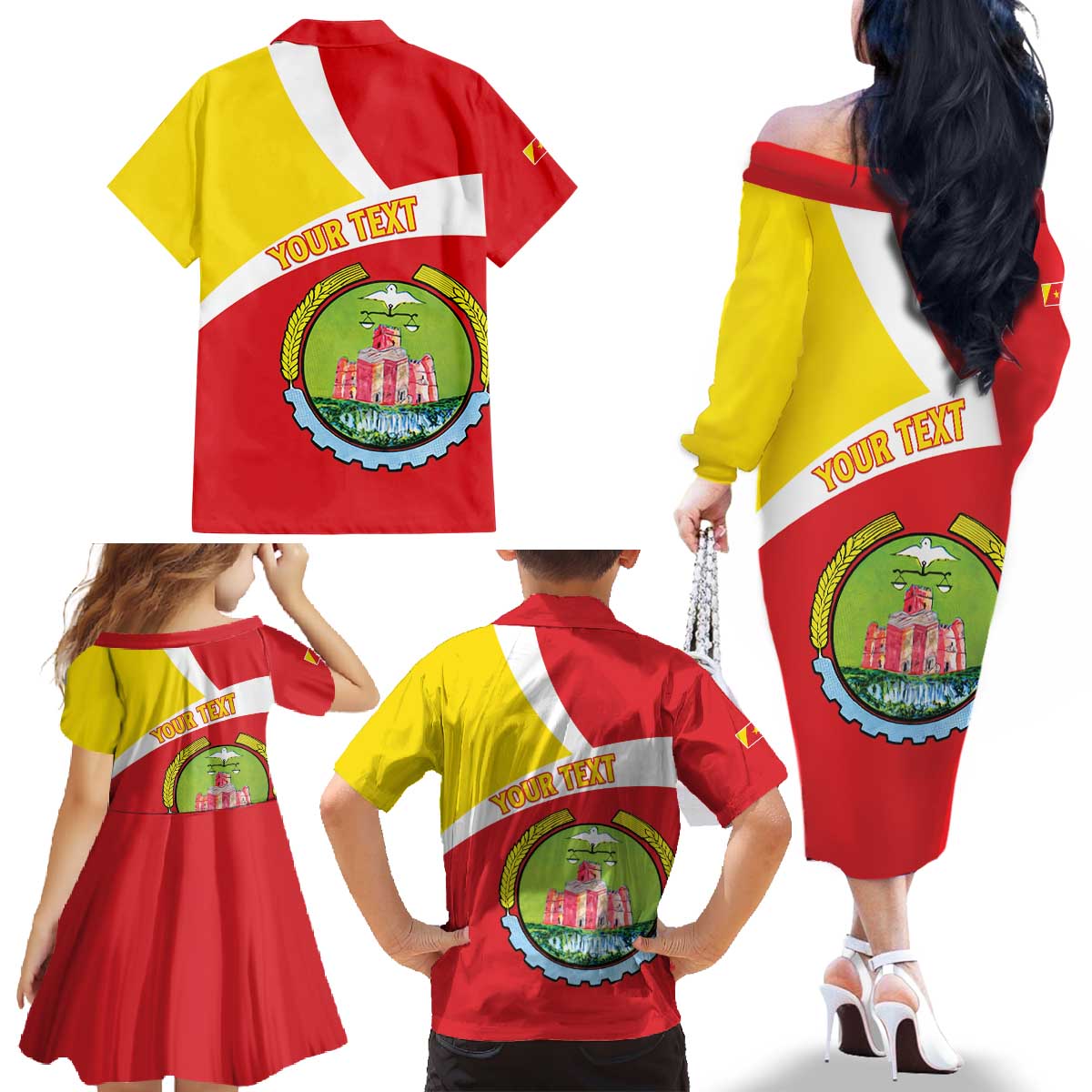 Personalized Ethiopia Amhara Region Family Matching Off The Shoulder Long Sleeve Dress and Hawaiian Shirt Coat Of Arms With Map