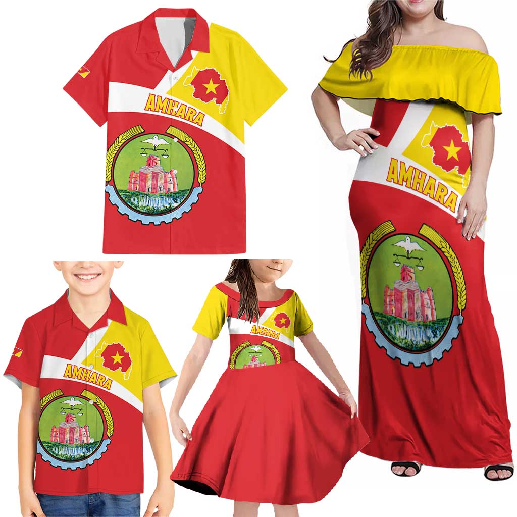 Personalized Ethiopia Amhara Region Family Matching Off Shoulder Maxi Dress and Hawaiian Shirt Coat Of Arms With Map