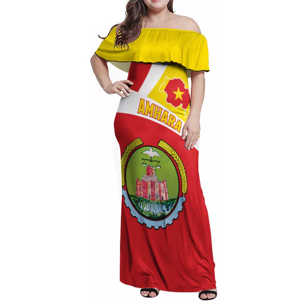 Personalized Ethiopia Amhara Region Family Matching Off Shoulder Maxi Dress and Hawaiian Shirt Coat Of Arms With Map