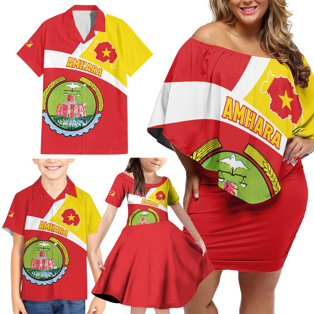 Personalized Ethiopia Amhara Region Family Matching Off Shoulder Short Dress and Hawaiian Shirt Coat Of Arms With Map
