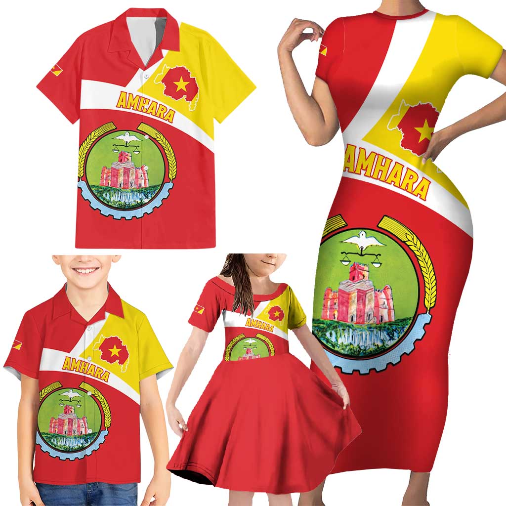 Personalized Ethiopia Amhara Region Family Matching Short Sleeve Bodycon Dress and Hawaiian Shirt Coat Of Arms With Map