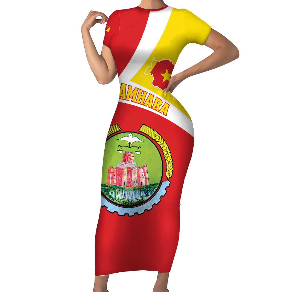 Personalized Ethiopia Amhara Region Family Matching Short Sleeve Bodycon Dress and Hawaiian Shirt Coat Of Arms With Map