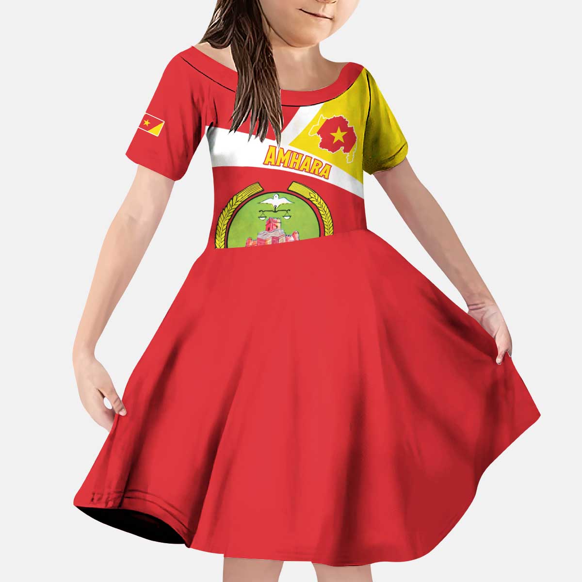 Personalized Ethiopia Amhara Region Kid Short Sleeve Dress Coat Of Arms With Map
