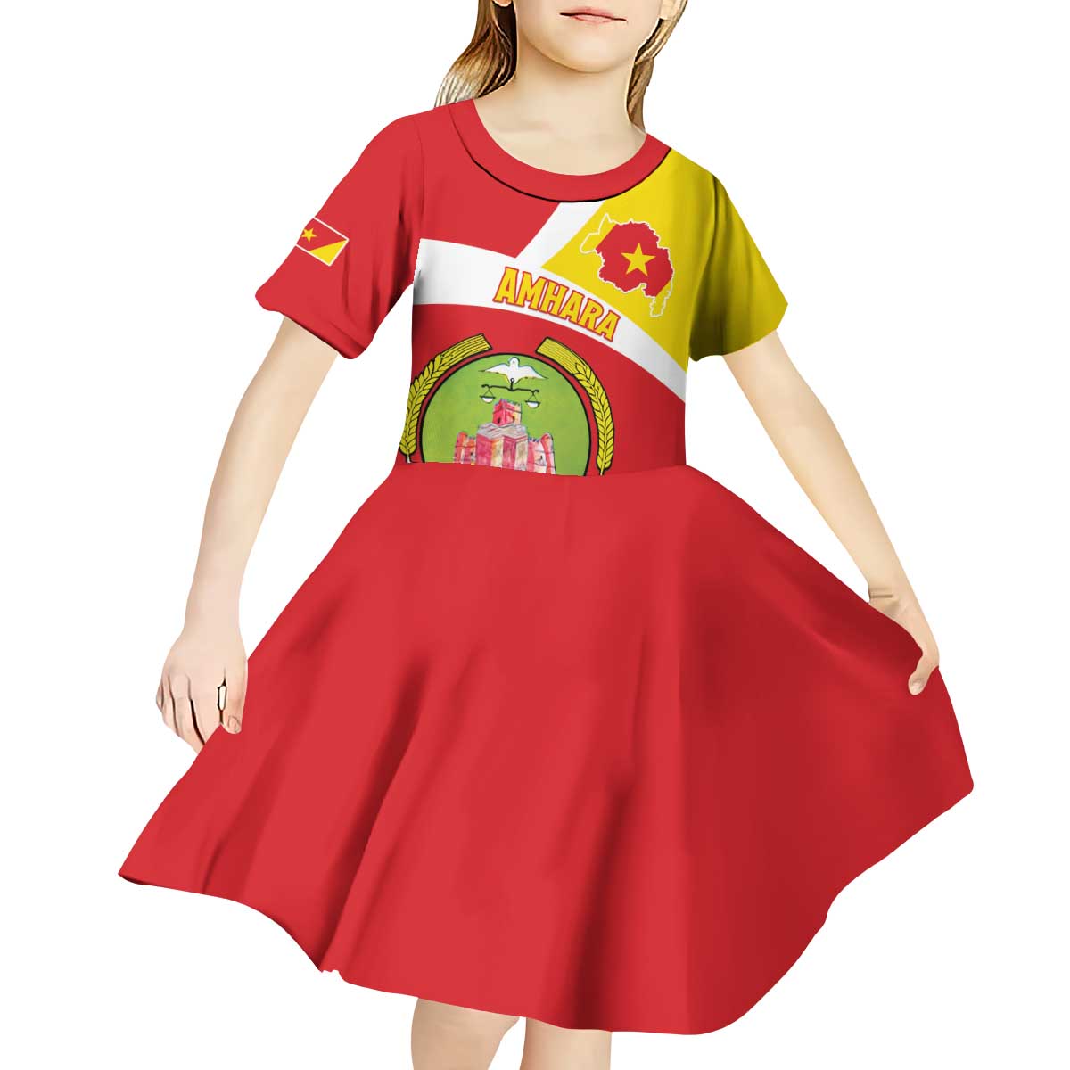 Personalized Ethiopia Amhara Region Kid Short Sleeve Dress Coat Of Arms With Map
