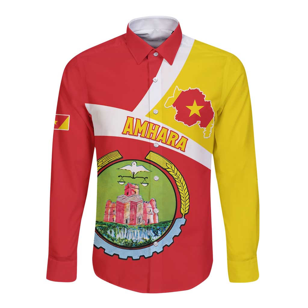 Personalized Ethiopia Amhara Region Long Sleeve Button Shirt Coat Of Arms With Map