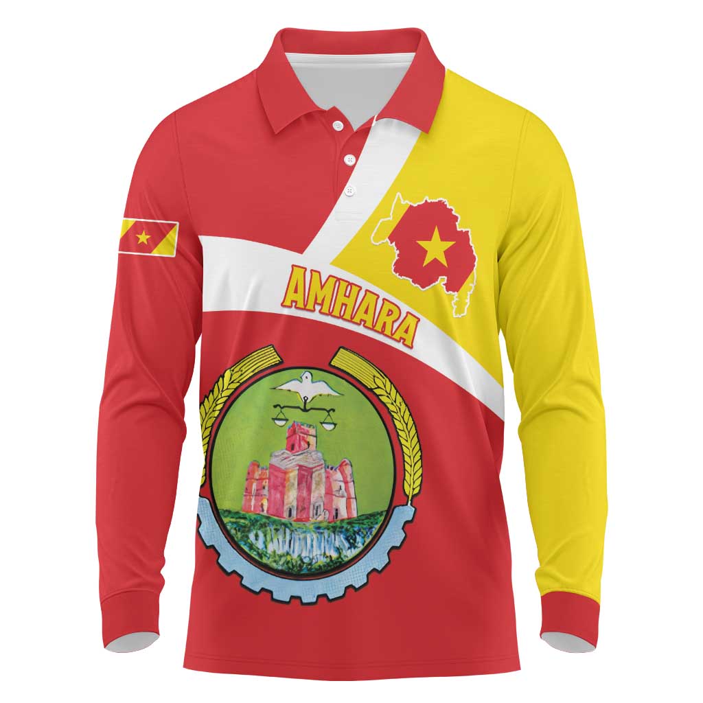 Personalized Ethiopia Amhara Region Long Sleeve Polo Shirt Coat Of Arms With Map