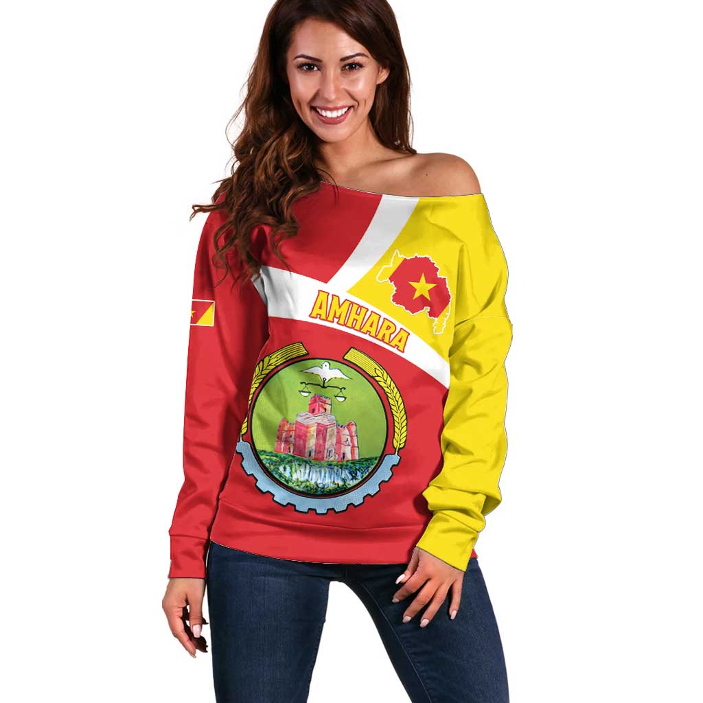 Personalized Ethiopia Amhara Region Off Shoulder Sweater Coat Of Arms With Map