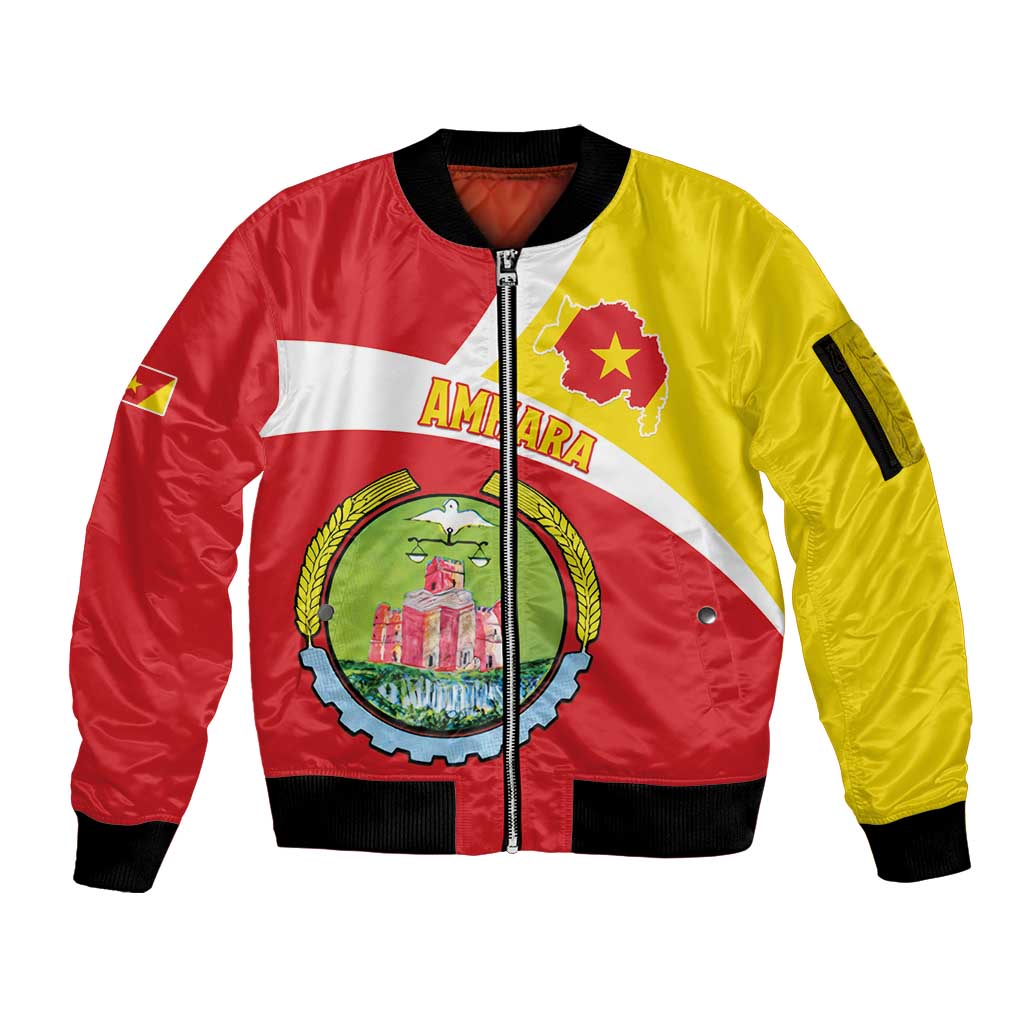 Personalized Ethiopia Amhara Region Sleeve Zip Bomber Jacket Coat Of Arms With Map