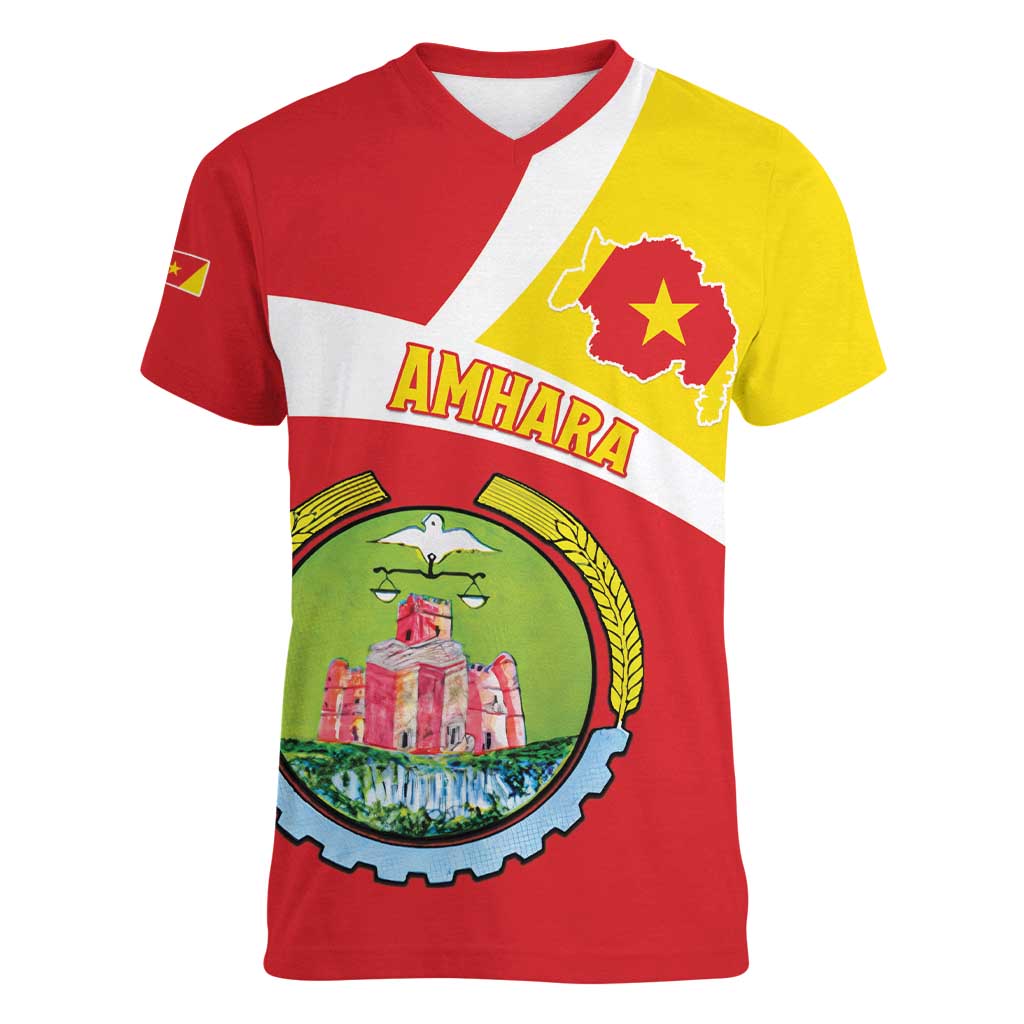 Personalized Ethiopia Amhara Region Women V-Neck T-Shirt Coat Of Arms With Map