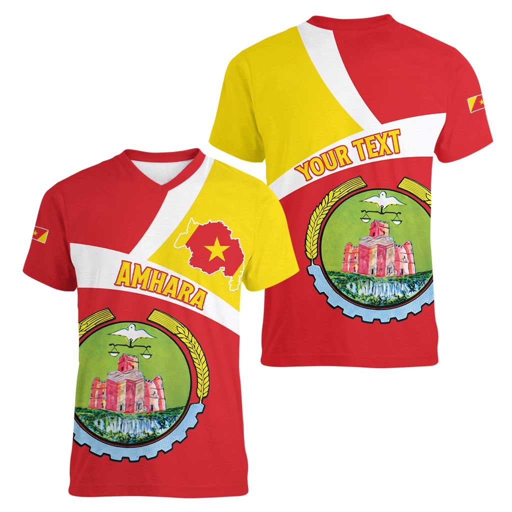 Personalized Ethiopia Amhara Region Women V-Neck T-Shirt Coat Of Arms With Map
