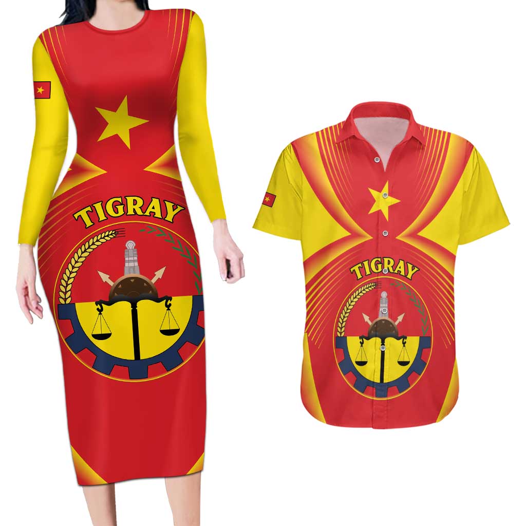 Personalized Ethiopia Tigray Region Couples Matching Long Sleeve Bodycon Dress and Hawaiian Shirt Coat Of Arms With Map