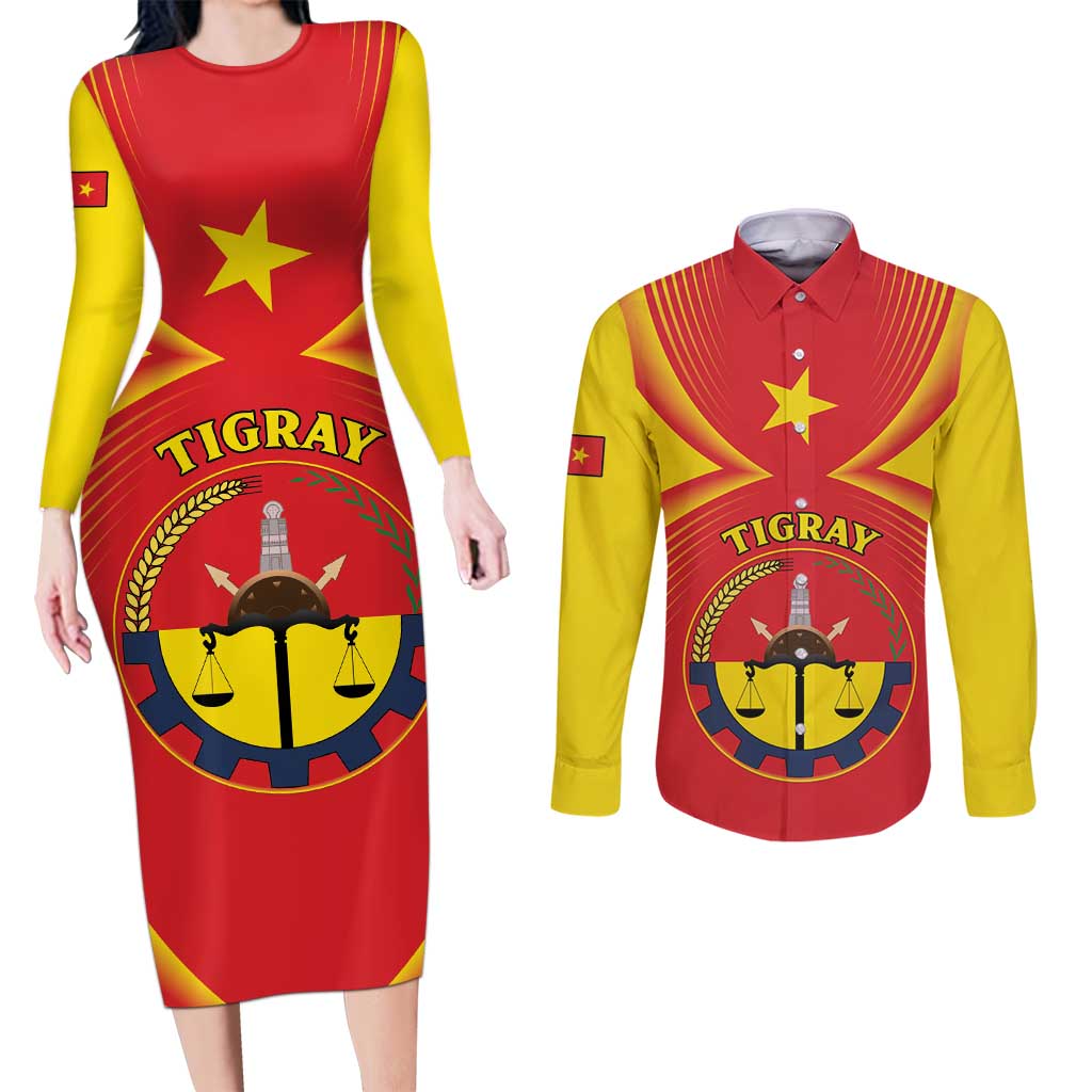 Personalized Ethiopia Tigray Region Couples Matching Long Sleeve Bodycon Dress and Long Sleeve Button Shirt Coat Of Arms With Map