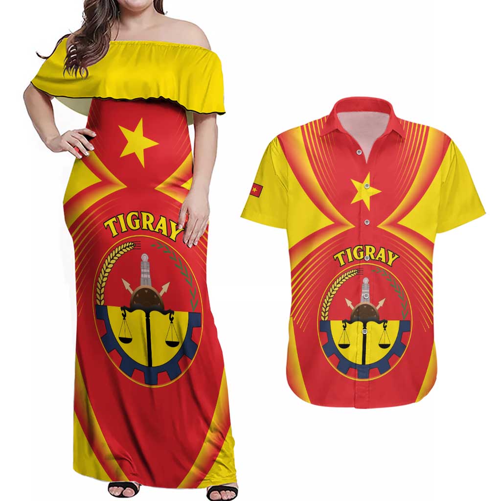 Personalized Ethiopia Tigray Region Couples Matching Off Shoulder Maxi Dress and Hawaiian Shirt Coat Of Arms With Map