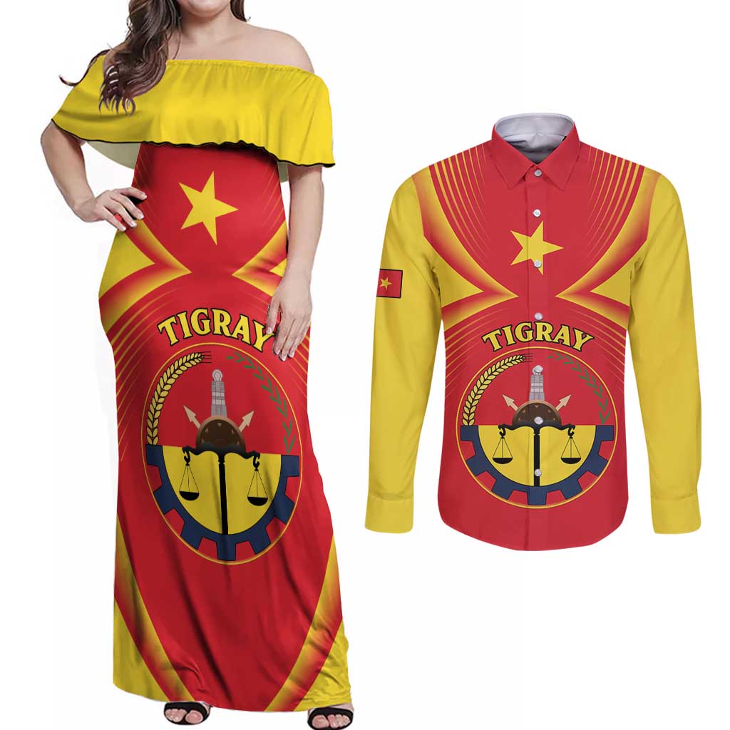 Personalized Ethiopia Tigray Region Couples Matching Off Shoulder Maxi Dress and Long Sleeve Button Shirt Coat Of Arms With Map