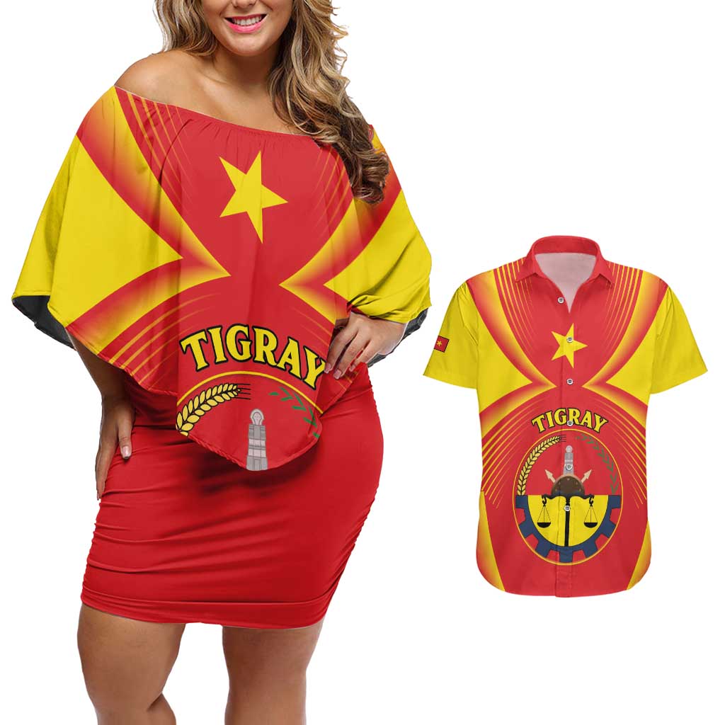 Personalized Ethiopia Tigray Region Couples Matching Off Shoulder Short Dress and Hawaiian Shirt Coat Of Arms With Map