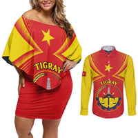 Personalized Ethiopia Tigray Region Couples Matching Off Shoulder Short Dress and Long Sleeve Button Shirt Coat Of Arms With Map