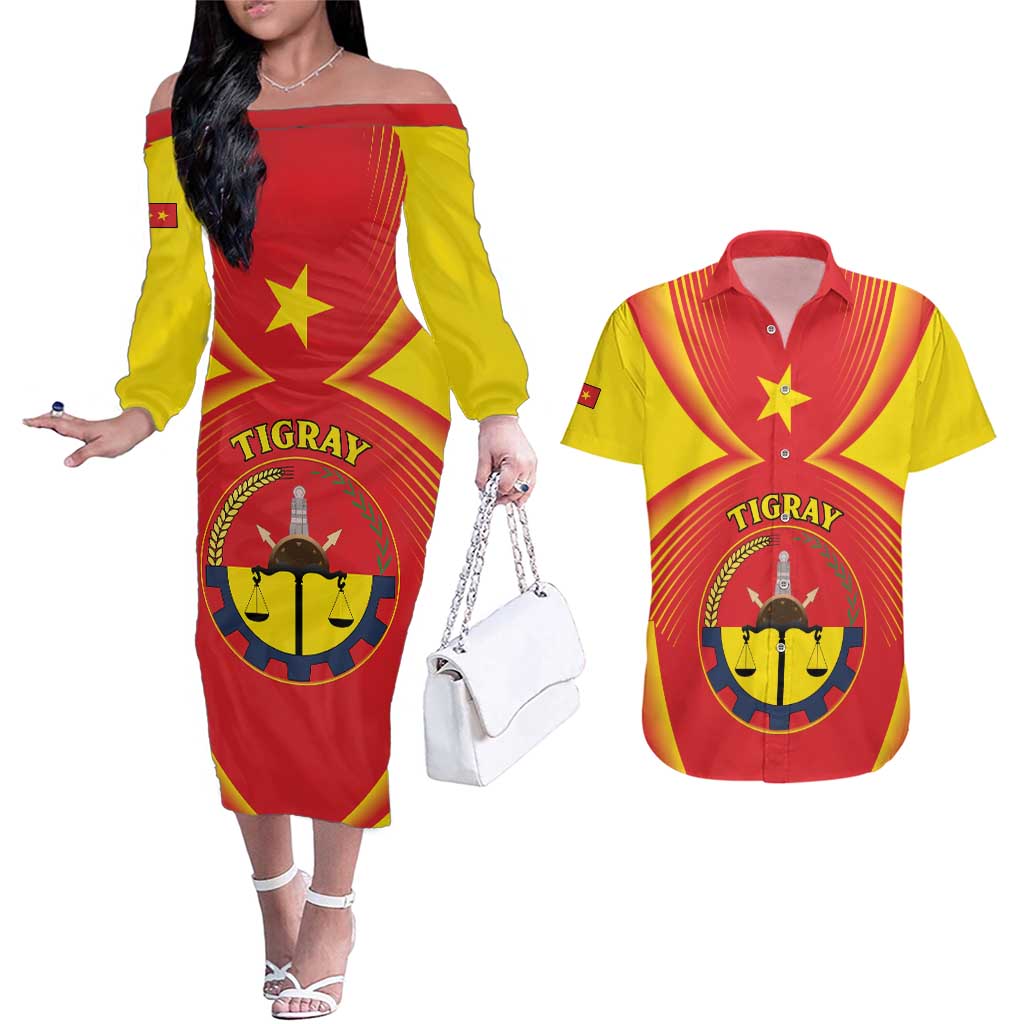 Personalized Ethiopia Tigray Region Couples Matching Off The Shoulder Long Sleeve Dress and Hawaiian Shirt Coat Of Arms With Map