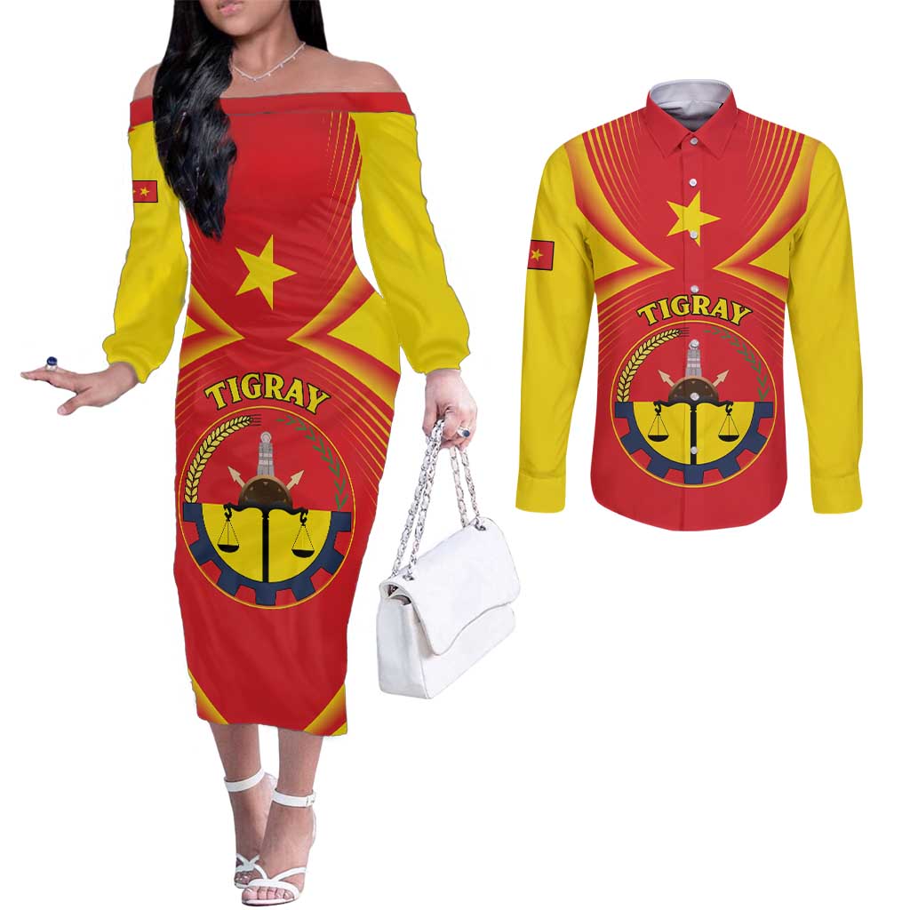 Personalized Ethiopia Tigray Region Couples Matching Off The Shoulder Long Sleeve Dress and Long Sleeve Button Shirt Coat Of Arms With Map