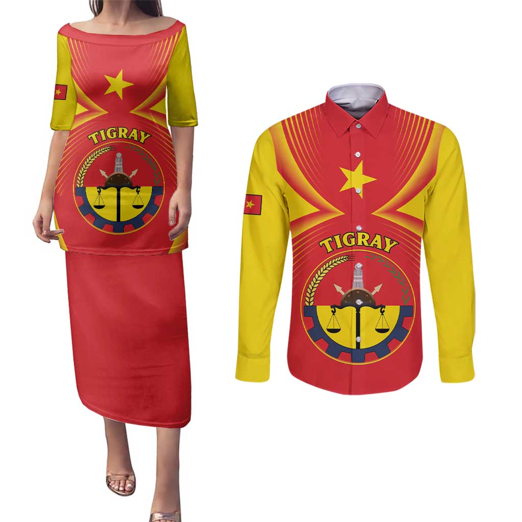 Personalized Ethiopia Tigray Region Couples Matching Puletasi and Long Sleeve Button Shirt Coat Of Arms With Map