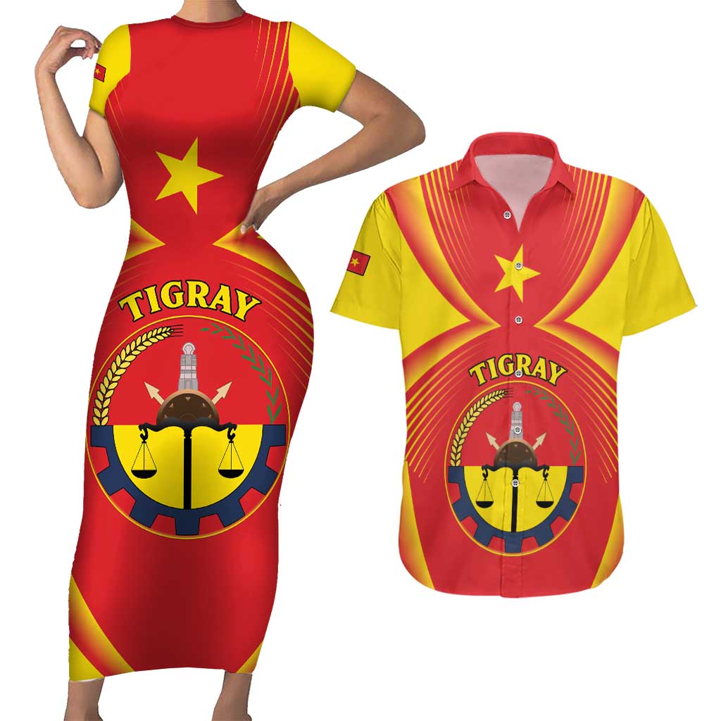 Personalized Ethiopia Tigray Region Couples Matching Short Sleeve Bodycon Dress and Hawaiian Shirt Coat Of Arms With Map