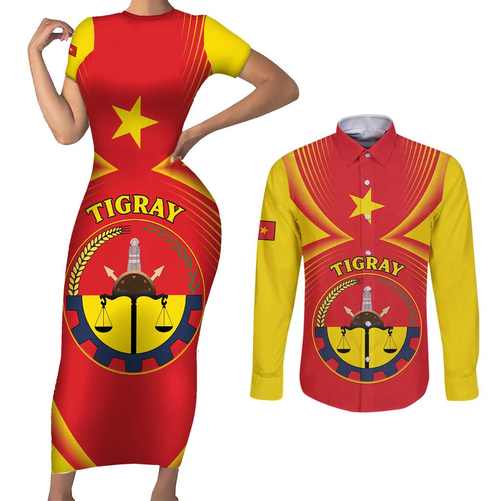 Personalized Ethiopia Tigray Region Couples Matching Short Sleeve Bodycon Dress and Long Sleeve Button Shirt Coat Of Arms With Map