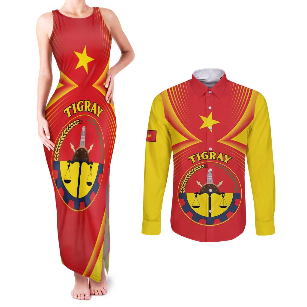 Personalized Ethiopia Tigray Region Couples Matching Tank Maxi Dress and Long Sleeve Button Shirt Coat Of Arms With Map