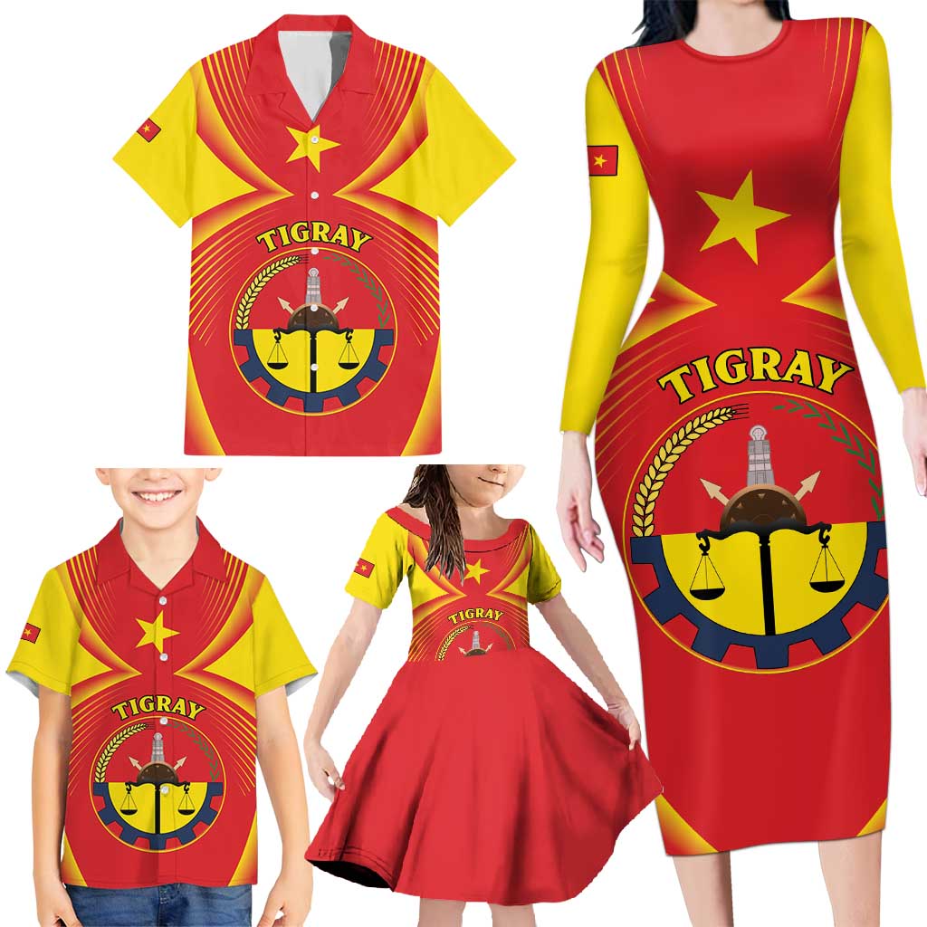 Personalized Ethiopia Tigray Region Family Matching Long Sleeve Bodycon Dress and Hawaiian Shirt Coat Of Arms With Map