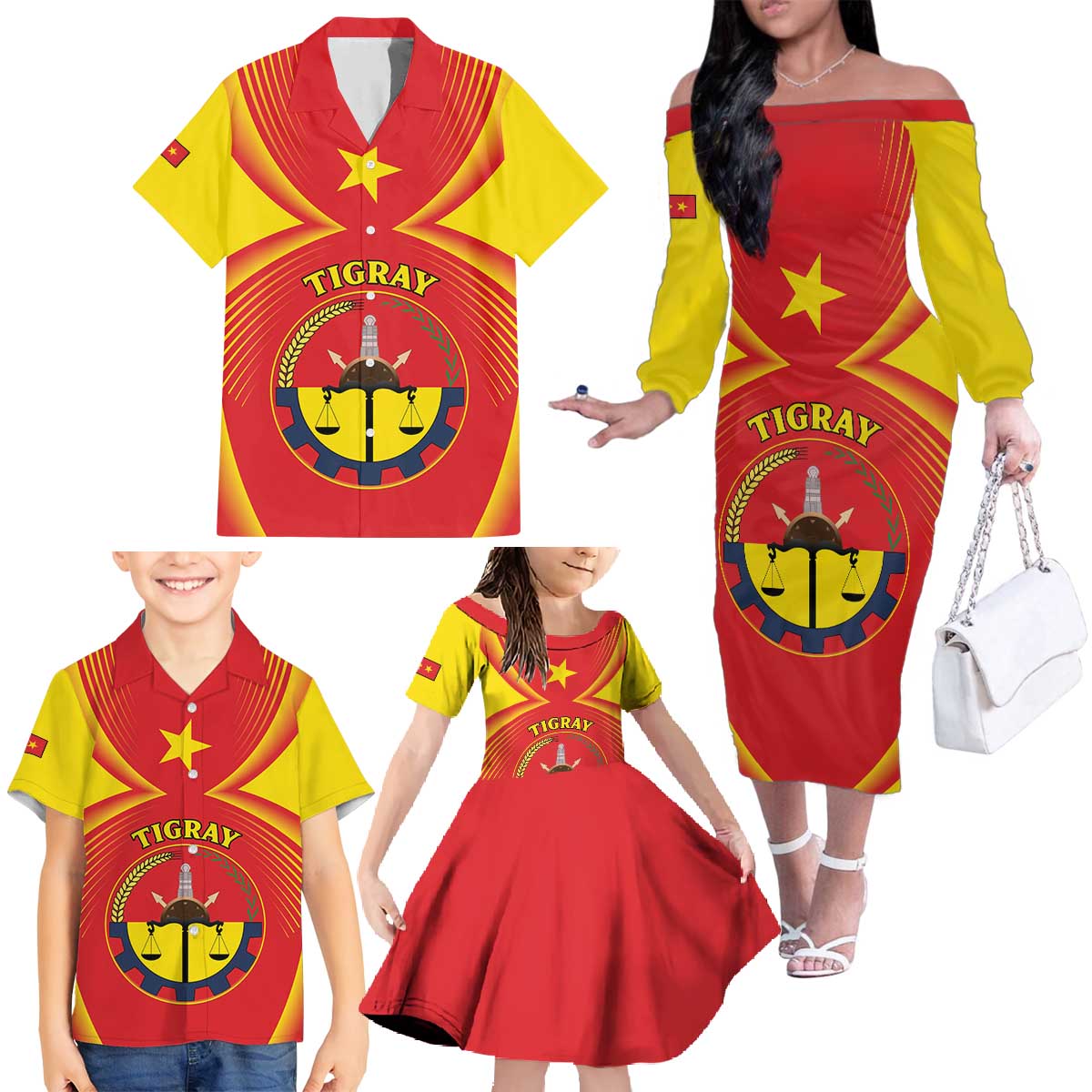 Personalized Ethiopia Tigray Region Family Matching Off The Shoulder Long Sleeve Dress and Hawaiian Shirt Coat Of Arms With Map