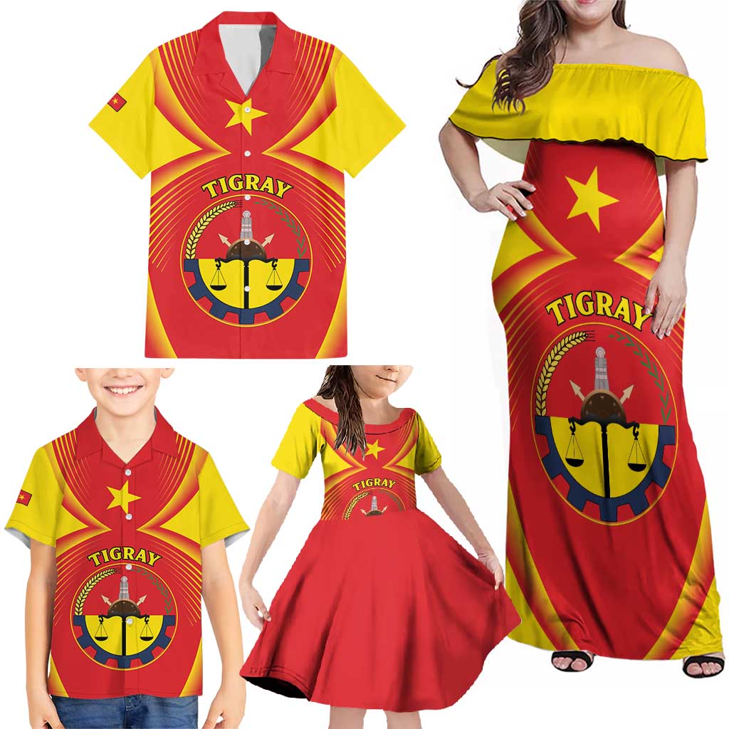 Personalized Ethiopia Tigray Region Family Matching Off Shoulder Maxi Dress and Hawaiian Shirt Coat Of Arms With Map