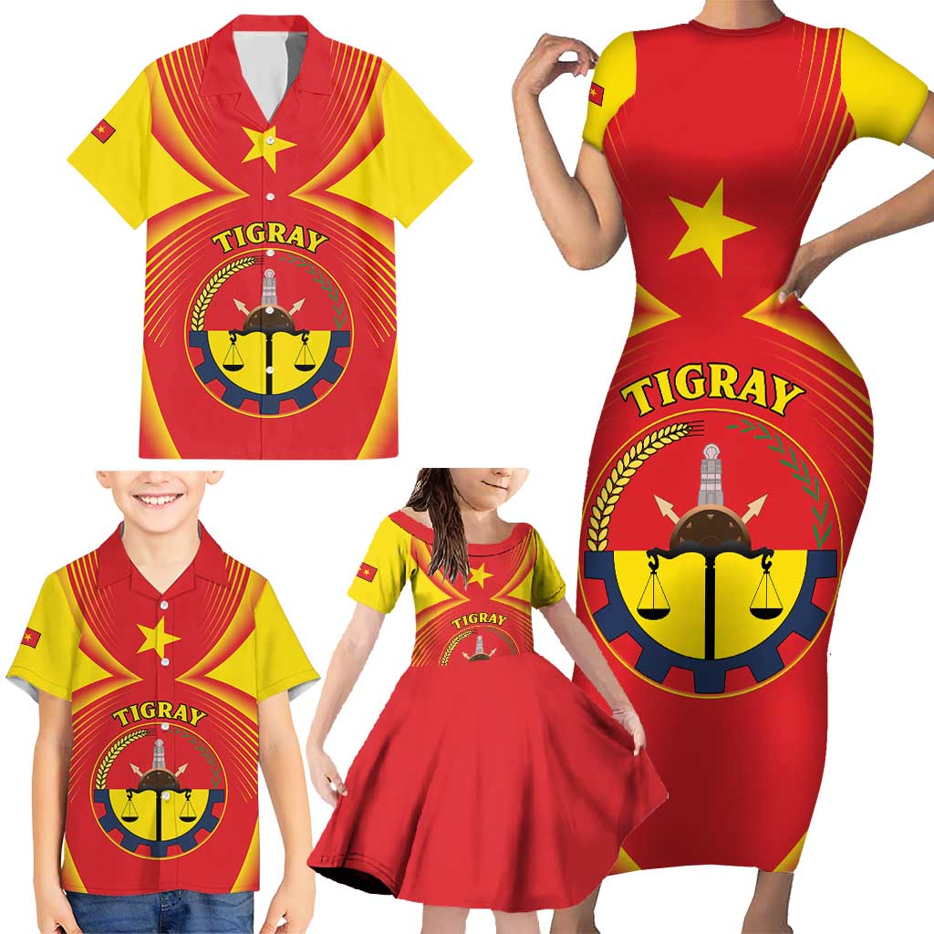 Personalized Ethiopia Tigray Region Family Matching Short Sleeve Bodycon Dress and Hawaiian Shirt Coat Of Arms With Map