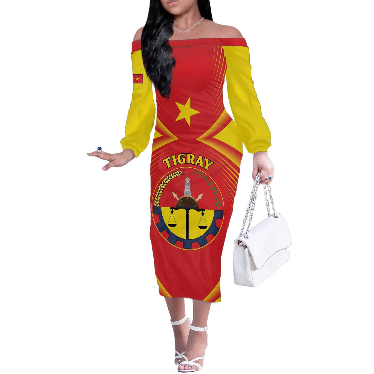 Personalized Ethiopia Tigray Region Off The Shoulder Long Sleeve Dress Coat Of Arms With Map