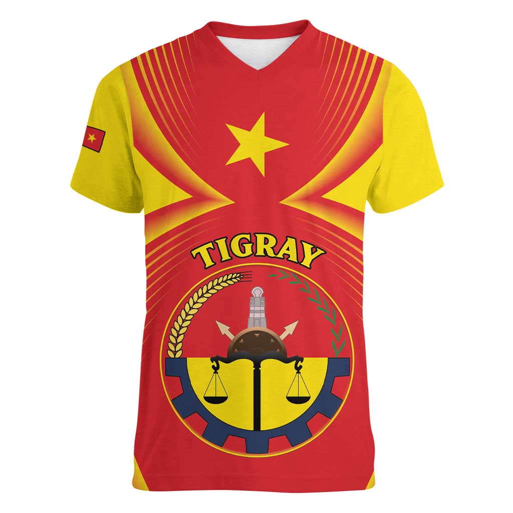 Personalized Ethiopia Tigray Region Women V-Neck T-Shirt Coat Of Arms With Map