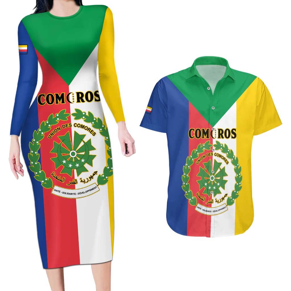 Comoros Couples Matching Long Sleeve Bodycon Dress and Hawaiian Shirt Coat Of Arms Flag Style