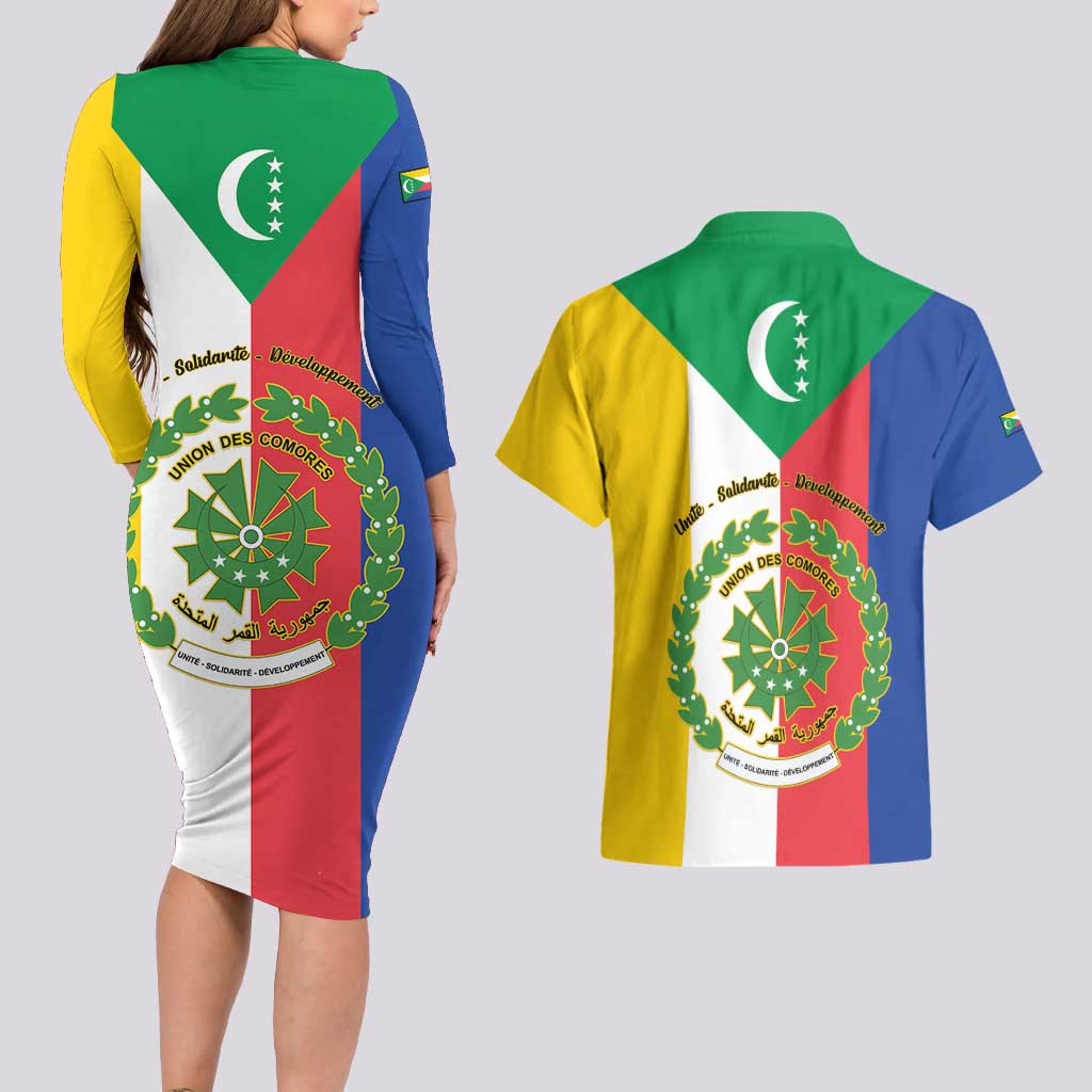 Comoros Couples Matching Long Sleeve Bodycon Dress and Hawaiian Shirt Coat Of Arms Flag Style
