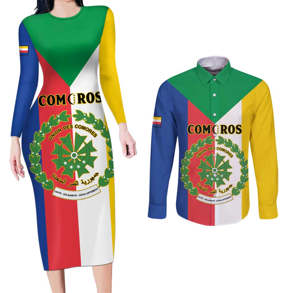 Comoros Couples Matching Long Sleeve Bodycon Dress and Long Sleeve Button Shirt Coat Of Arms Flag Style