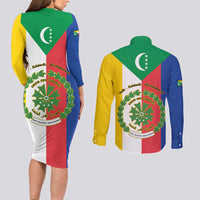 Comoros Couples Matching Long Sleeve Bodycon Dress and Long Sleeve Button Shirt Coat Of Arms Flag Style