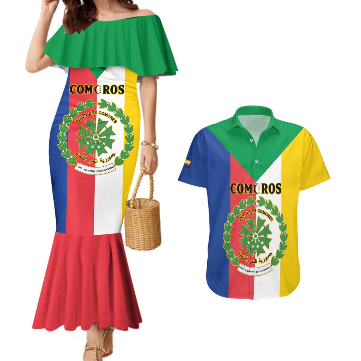 Comoros Couples Matching Mermaid Dress and Hawaiian Shirt Coat Of Arms Flag Style