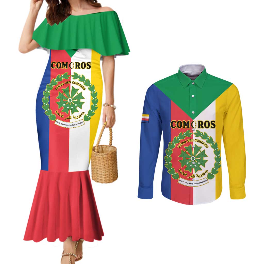 Comoros Couples Matching Mermaid Dress and Long Sleeve Button Shirt Coat Of Arms Flag Style
