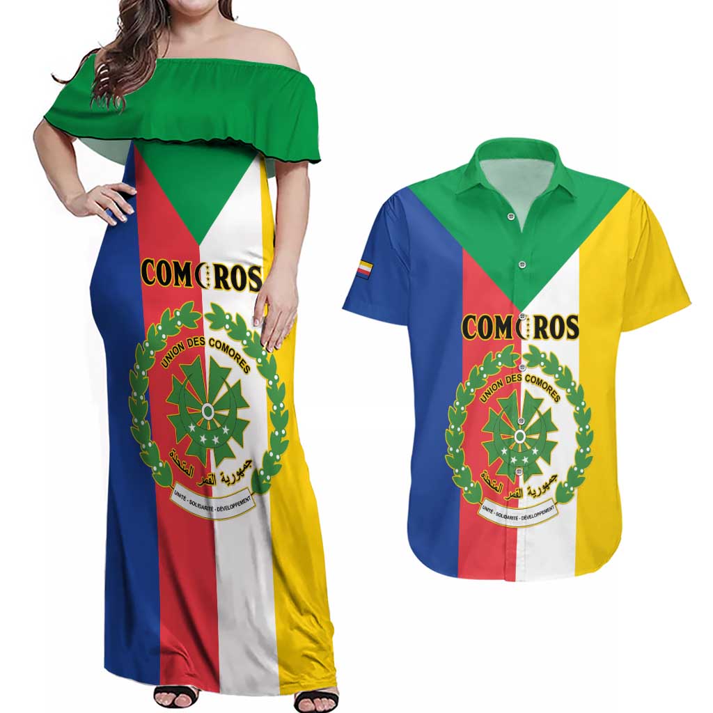 Comoros Couples Matching Off Shoulder Maxi Dress and Hawaiian Shirt Coat Of Arms Flag Style