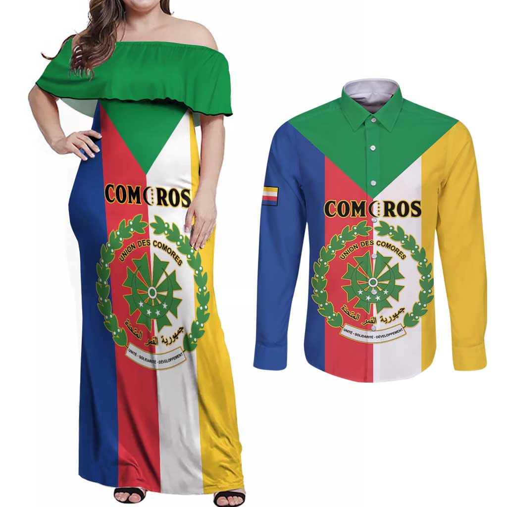 Comoros Couples Matching Off Shoulder Maxi Dress and Long Sleeve Button Shirt Coat Of Arms Flag Style