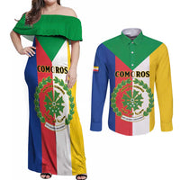Comoros Couples Matching Off Shoulder Maxi Dress and Long Sleeve Button Shirt Coat Of Arms Flag Style