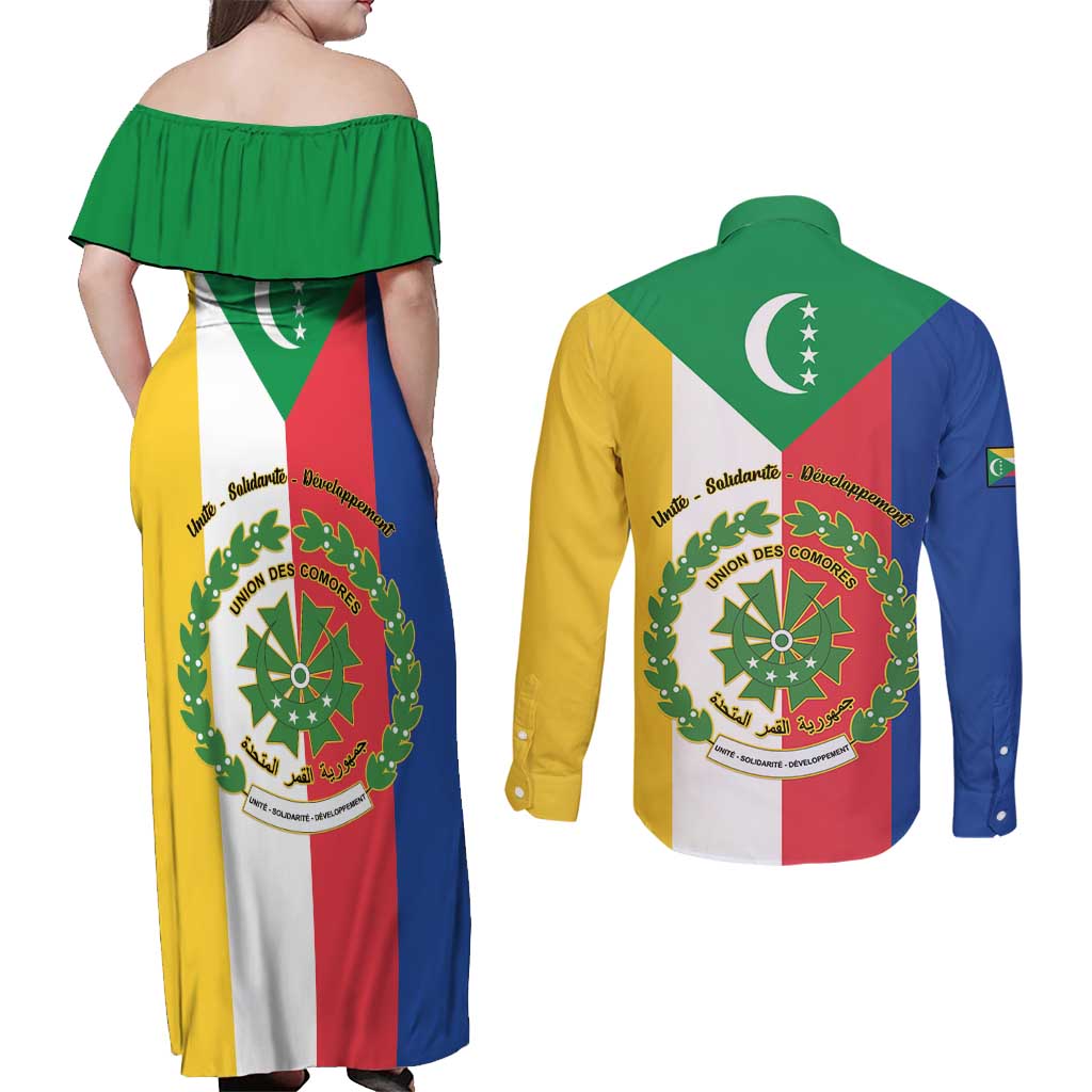 Comoros Couples Matching Off Shoulder Maxi Dress and Long Sleeve Button Shirt Coat Of Arms Flag Style