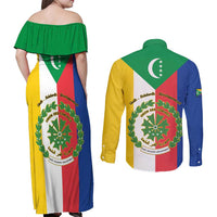 Comoros Couples Matching Off Shoulder Maxi Dress and Long Sleeve Button Shirt Coat Of Arms Flag Style