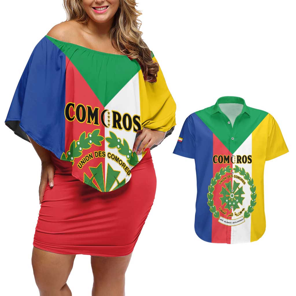 Comoros Couples Matching Off Shoulder Short Dress and Hawaiian Shirt Coat Of Arms Flag Style