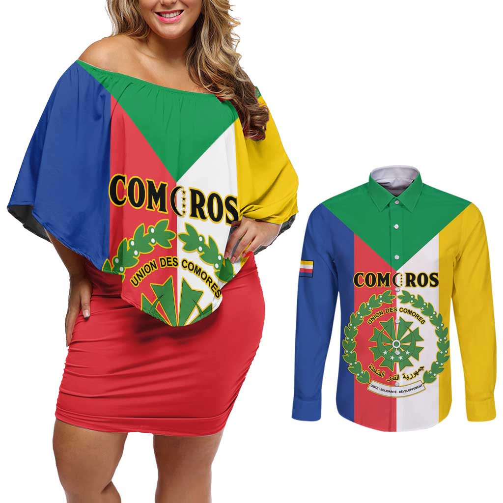 Comoros Couples Matching Off Shoulder Short Dress and Long Sleeve Button Shirt Coat Of Arms Flag Style
