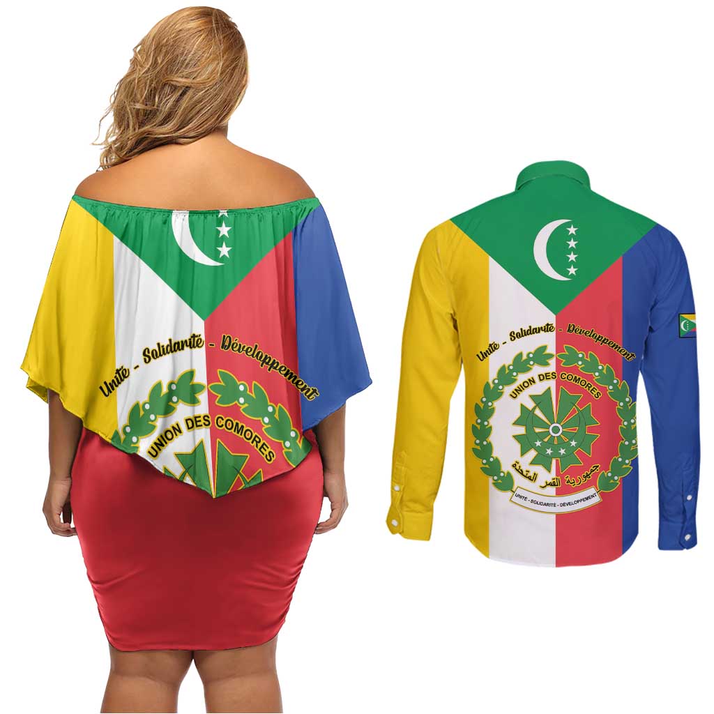 Comoros Couples Matching Off Shoulder Short Dress and Long Sleeve Button Shirt Coat Of Arms Flag Style