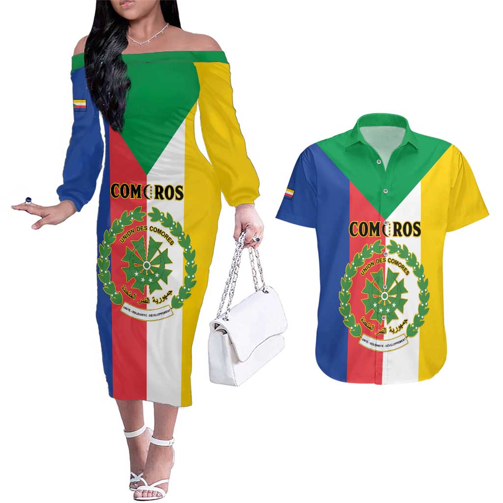 Comoros Couples Matching Off The Shoulder Long Sleeve Dress and Hawaiian Shirt Coat Of Arms Flag Style