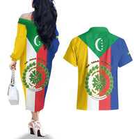 Comoros Couples Matching Off The Shoulder Long Sleeve Dress and Hawaiian Shirt Coat Of Arms Flag Style