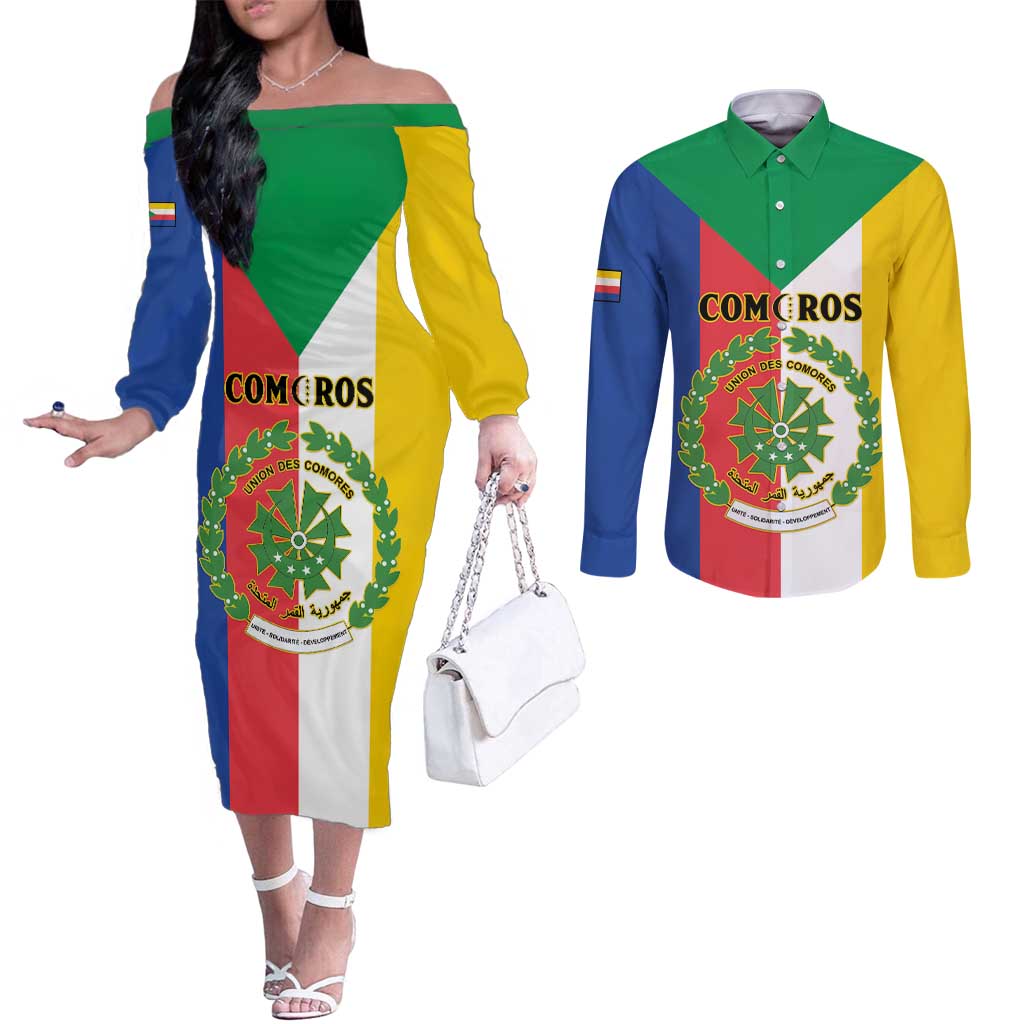 Comoros Couples Matching Off The Shoulder Long Sleeve Dress and Long Sleeve Button Shirt Coat Of Arms Flag Style