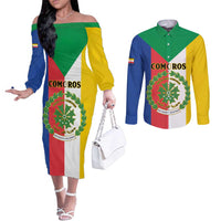 Comoros Couples Matching Off The Shoulder Long Sleeve Dress and Long Sleeve Button Shirt Coat Of Arms Flag Style